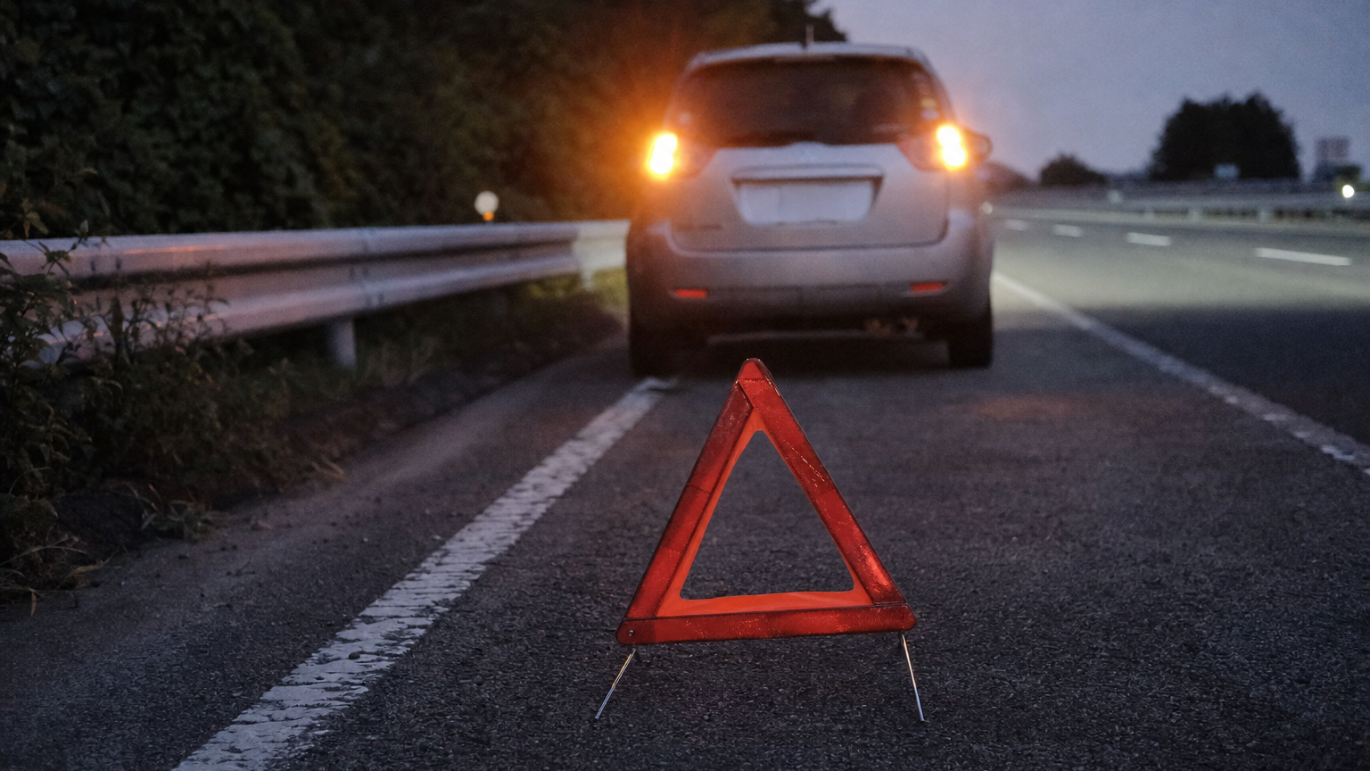 薄暮の高速道路の路肩に停車した車と三角表示板