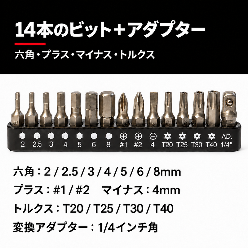 14本のビット＋アダプター サイズ一覧
