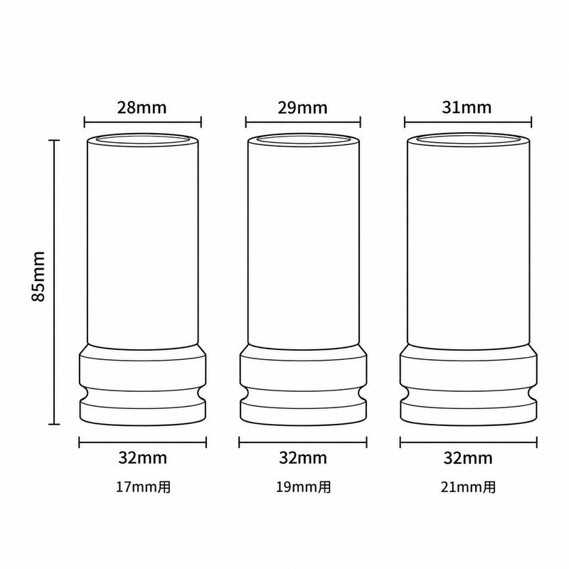WIS全長85mm、保護シース部外径28・29・31mm、差込側外径32mm